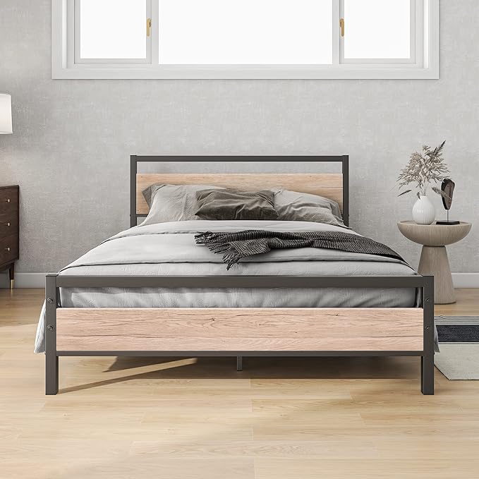 BOFENG Full Size Bed Frame with Wood headboard,Rustic Metal Platform Bed Frames Full,Industrial Bed Frame with Storage No Box Spring Needed,Mattress Platform with Steel Slat Support,Oak Color