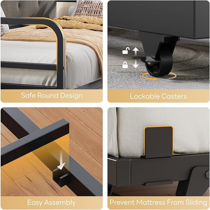 LIKIMIO Daybed with Trundle, Twin Bed Frame with Upholstered Headboard and Charging Station, Sofa Day Bed with Strong Supports for Living Room, Bedroom and Guest Room, Black