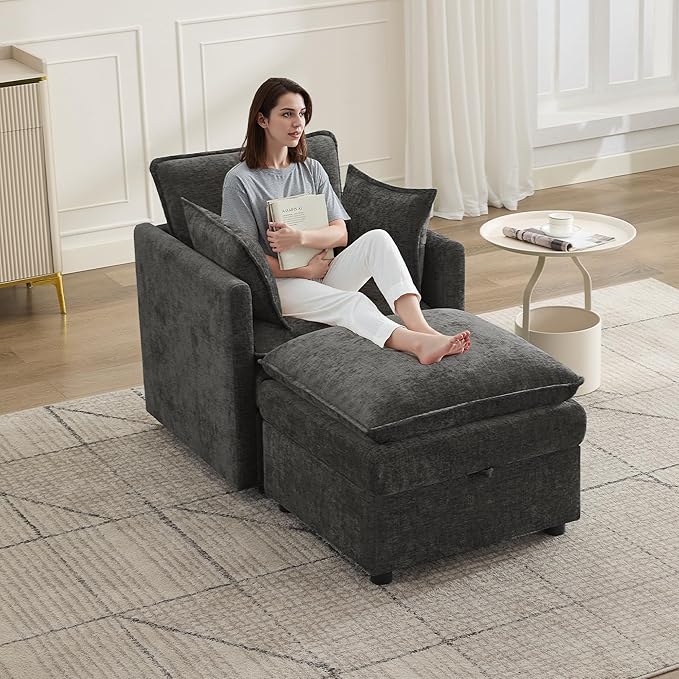 30" Cloud Modular Single Sofa Chair with Storage Ottoman, Modern Upholstered Accent Chair with Storage, Chenille Reading Lounge Armchair for Living Room, Bedroom, Small Space, Dark Grey | Storage Ottoman, Upholstered Chair, Accent Chair, Reading Lounge...