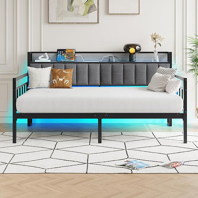 BOFENG Metal Daybed Frame Twin Size Platform Daybed with Charging Station,LED Lights,Metal Sofa Bed Frame for Living Room,Bedroom,Guest Room,Heavy Duty Metal Slats,Noise Free,Black