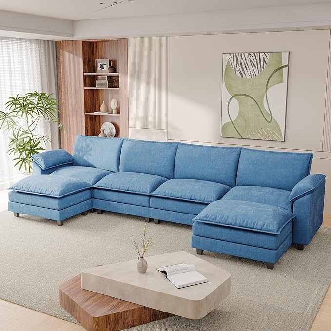 Modular Sectional Sofa with Double Layer Cushion, U Shaped Cloud Couch with 2 Movable Ottoman & Deep Seat, Oversized Chenille Sofa Couches for Living Room and Apartment (Dark Blue, U Shaped Sofa)