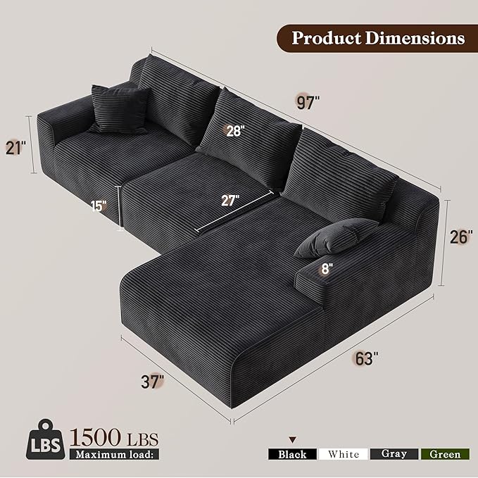 97" L-Shaped Cloud Boneless Couch with Deep Seat, Modular Sectional Sofa with Chaise, Flexible Module Combination for Living Room, Bedroom No Assembly (Black, Right Facing Chaise)