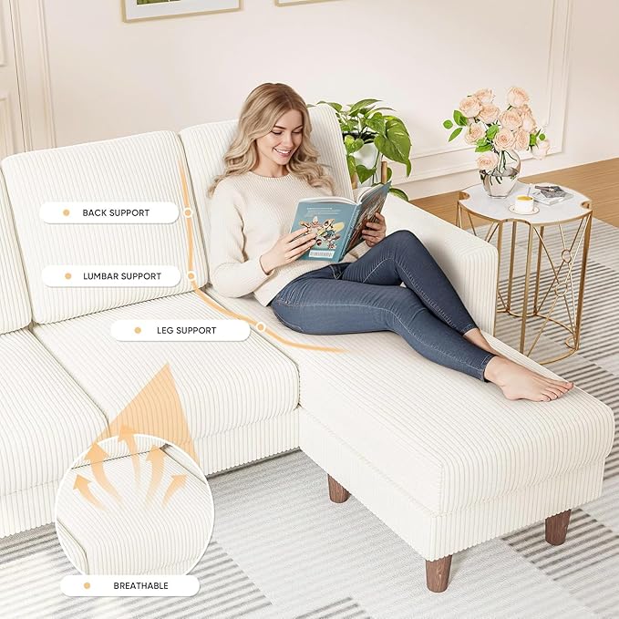 Homall Convertible Sectional Sofa 3 Seat L Shaped Couch with Side Storage Pocket, Sofas with Movable Ottoman, Corduroy Small Couches for Living Room & Apartment (Corduroy, Beige)
