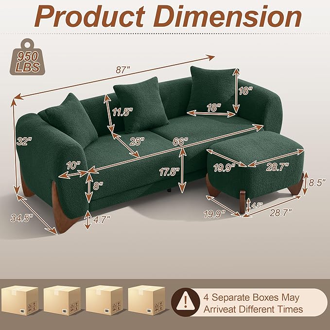 87" Sherpa Boucle Cloud Couch with Ottoman, Modern 3 Seater Sofa with Solid Wood Legs 25" Extra Deep Seat Comfy Thick Cushion Upholstered Sofa Couches with 3 Pillows for Living Room, Green