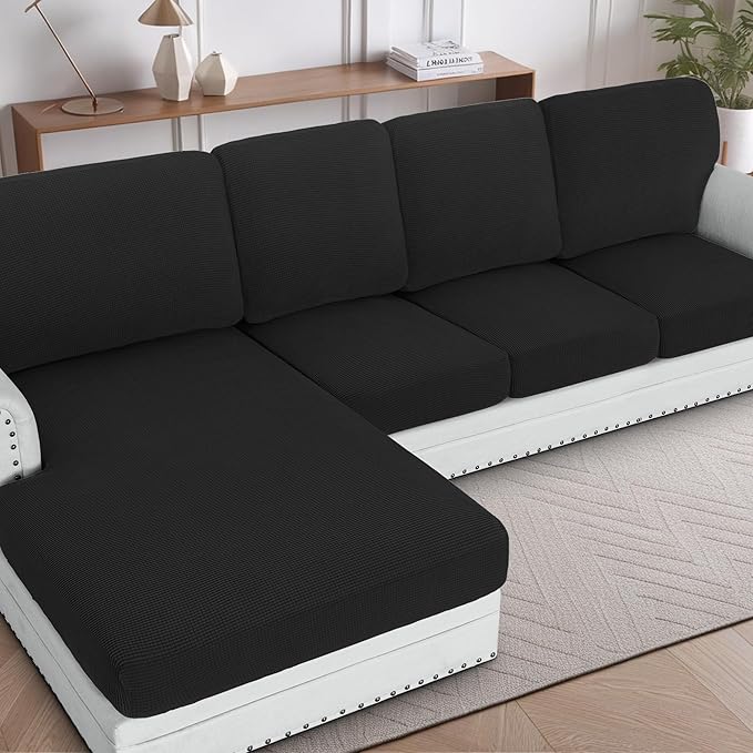 H.VERSAILTEX Sectional Couch Covers 8 Pieces Stretch Sofa Covers for Sectional Sofa Set Separate L Shaped Couch Cover for Both Left/Right Couch (Seat and Back: 1 Chaise + 3 Sofa, Black)