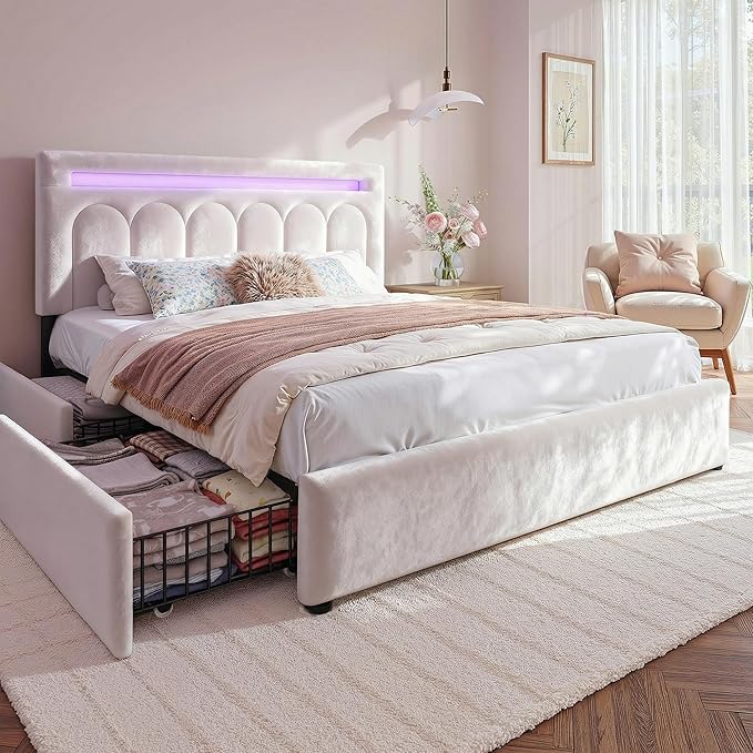 Homkdom Queen Upholstered Bed Frame with 4 Drawers and Velvet Headboard, Platform Bed Frame Queen Size with LED Lights, Wooden Slats Support,Easy Assembly, Beige