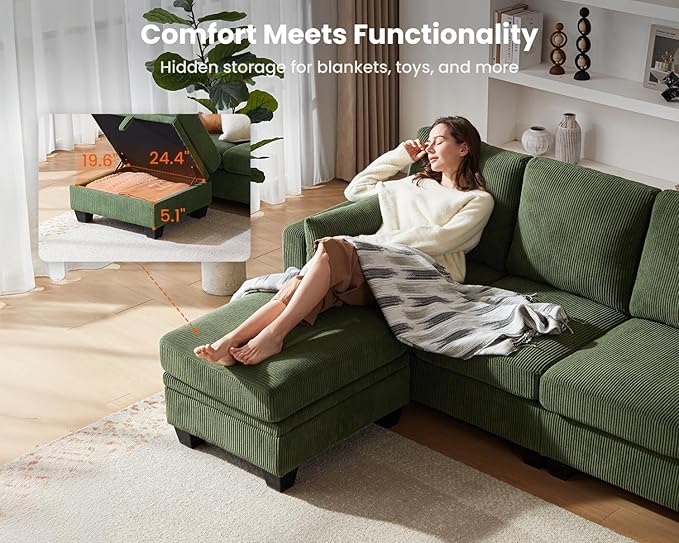 CHIC HOUSE Modular Corner Sectional Sofa with Storage, Corduroy L-Shaped Couch, Compact Small Space Furniture for Living Room & Apartment (Green, 5 Seater L-Shaped)