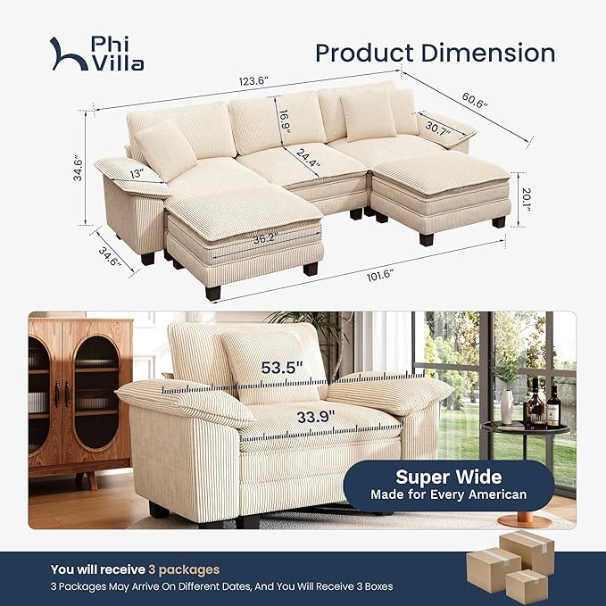 PHI VILLA Cloud Modular Couch Sets, 123.6" Sectional Sofa with U-Shaped Chaise, 5-Seater Couches with 2 Movable Ottomans for Living Room, Corduroy Fabric, Beige