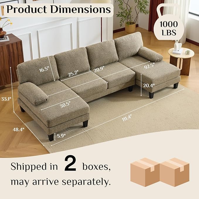 Karl home 110" U-Shape Sectional Couches for Living Room Chenille Upholstery 4 Seat Sofa Set with Double Chaises & Wood Grain Legs for Apartment, Khaki