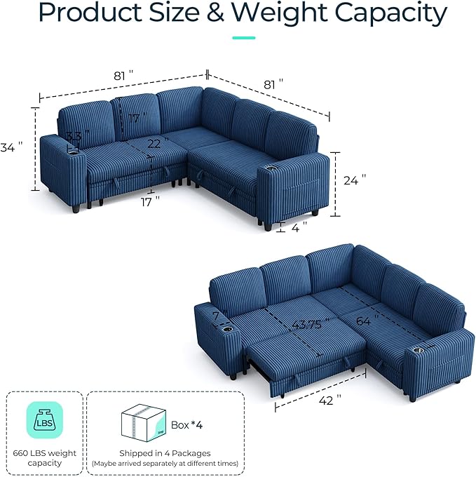 LINSY HOME Sleeper Sofa Bed with Pull Out Couch Modular Sectional Sofa (Blue, Sleeper Sofa 2) | Pull Out Sofa Bed, USB Charging, Cup Holders, Plush Corduroy, Storage