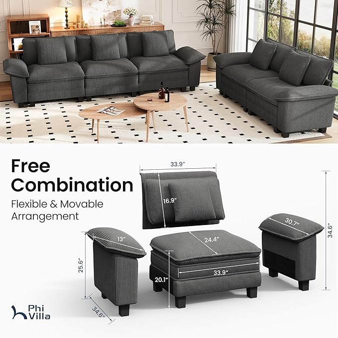 PHI VILLA 2 Pieces Modular Sofa and Loveseat Set, Corduroy 5-Seater Oversized Couch Sets with Deep Seat, Sectional Couches for Living Room, Grey