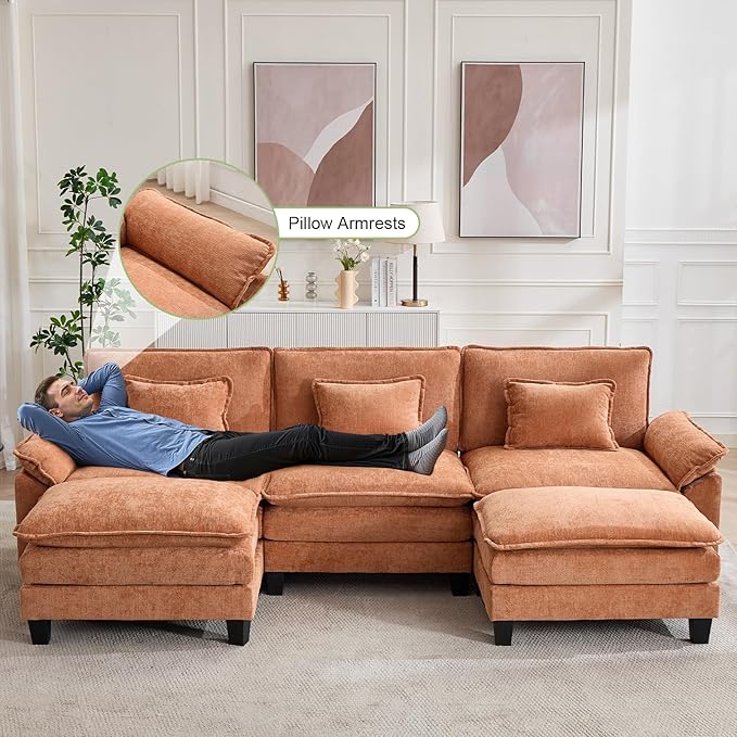 120" Modular Sectional Sofa, Comfy Cloud Couch Sectional Sofa with Ottoman, Chenille Sofa Sleeper Deep Seat Sofa with Throw Pillows for Living Room (Orange, 120"- U Shape)