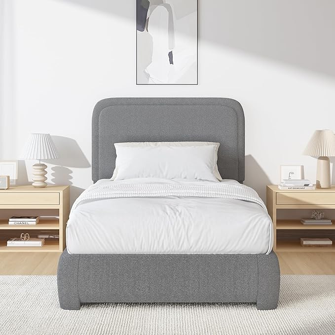 BarnFurin Twin Size Bed Frame, Boucle Upholstered Platform Bed Frame with Headboard, Soft Rounded Corners, No Box Spring Required, Non-Slip and Noise-Free, Easy Assembly, Light Grey