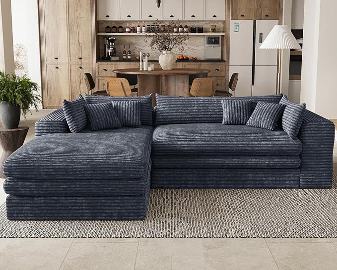 Belffin Plush Corduroy L Shaped Couch with Deep Seat Boneless Modular Sectional Cloud Boneless Couches for Living Room. Left Facing Chaise. Grey Sofa