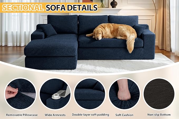 HABUTWAY 101'' Modular Sectional Sofa, Cloud Sectional Couches for Living Room, Comfy Boneless Couch with Deep Seat, Modern L-Shape Sofa with Chaise, No Assembly Required (Blue, Left Facing Chaise)