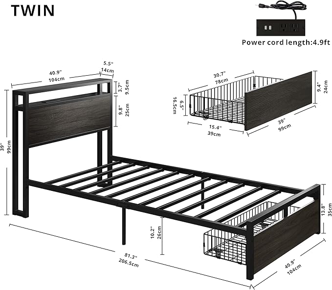 LIKIMIO Twin Bed Frames with Drawer, Storage Headboard with Outlets, No Box Spring Needed, Easy Assembly, Gray Black