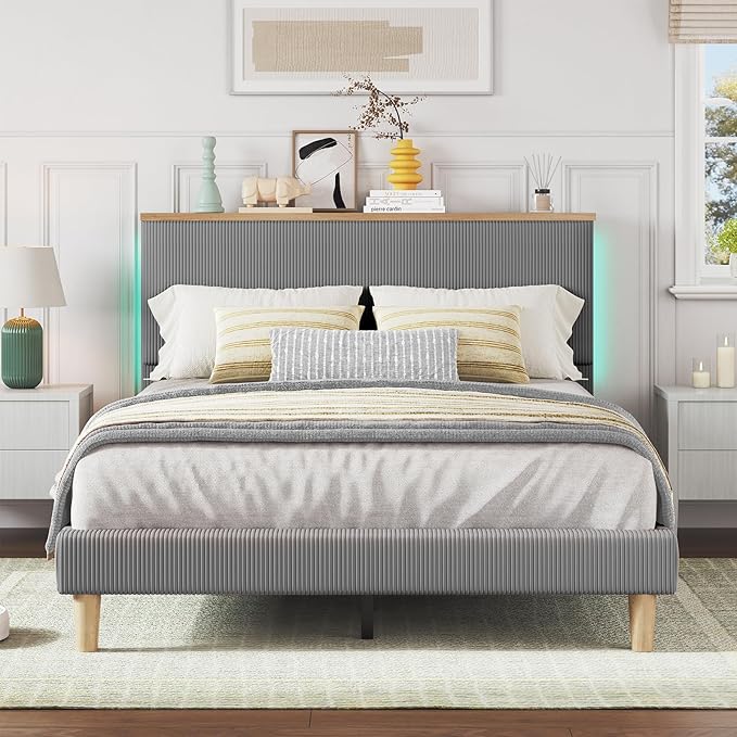 Bestier Queen Bed Frame with Adjustable Headboard & LED Lighting, Corduroy Upholstered Platform Bed Frame with Storage Shelf, Solid Wood Slats, No Box Spring Needed, Never Squeak, Easy Assembly, Grey