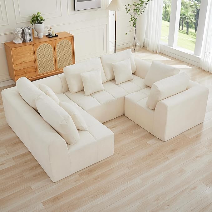 110''Modular Sectional Couches for Living Room, Cloud Boneless Compressed Sectional Sofa, Oversized U Shaped 5 Seater Upholstered Memory Foam Sofa, No Assembly, Chenille Beige