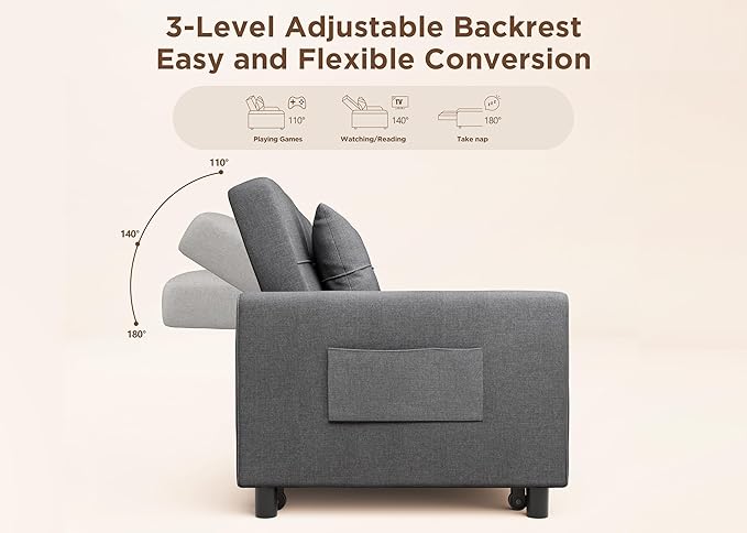 Aiho Pull Out Couch, Convertible Sofa Bed with Adjustable Backrest, 5 Seater Sectional Sleeper Sofa, Couch Bed with Spring Support, for Apartment Living Room, Dark Grey