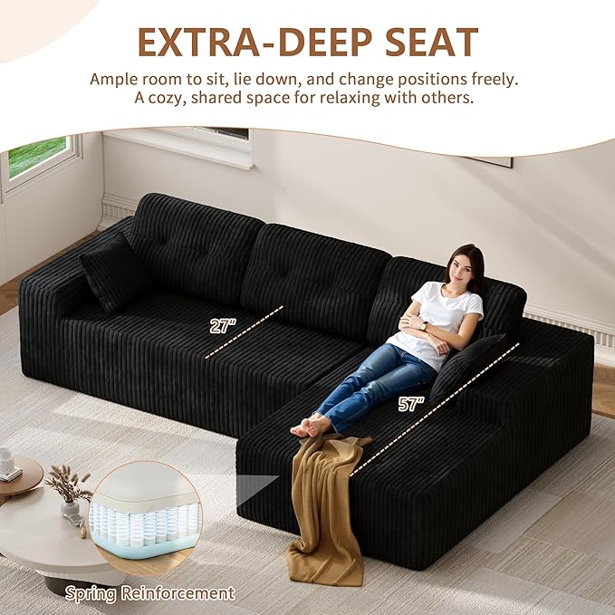 Ball & Cast 106" Cloud Modular Sectional Sofa, Boneless Corduroy Couch with Deep Seat, Comfy L-Shaped Sectional, Modern Upholstered Sofa for Living Room, No Assembly (Black, Right Facing Chaise)