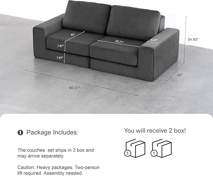Modular Sectional Sofa, 80.31" Modern Cloud Couch Sectional Sofa with L-Shaped Chaise Comfy Corduroy Fluffy Couch with Deep Seat Boneless Couches for Living Room Bedroom, Black