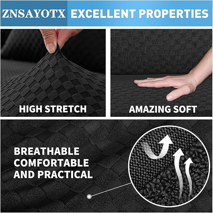 ZNSAYOTX Sectional Couch Covers, Stretch Jacquard Slipcovers with Elastic Bottom for L-Shape Sectional Sofa, 2 Pcs Pet Friendly Modular Sofa Protector (3 Seat Couch + 2 Seat Chaise, Black)