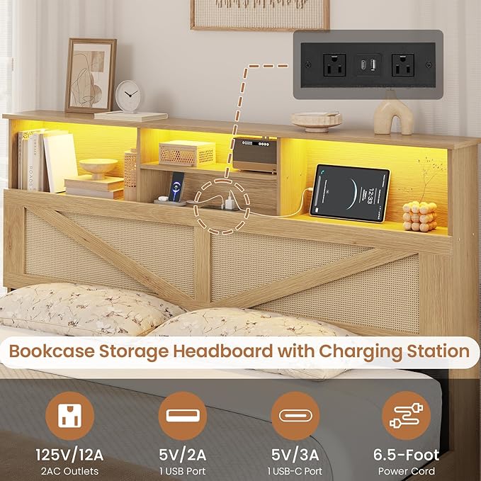 VIAGDO Bed Frame Queen Size with Bookcase Storage Headboard, Charging Station and LED Lights, Wooden Queen Bed Frame with 4 Drawers, Barn Door Design, No Box Spring Needed, No Noise, Natural Rattan