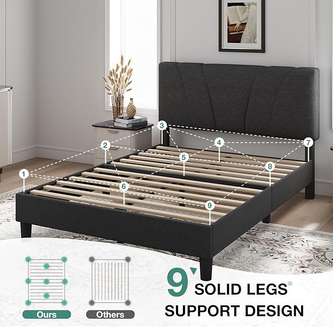 Novilla Full Size Bed Frame with Adjustable Headboard Platform Full Bed Frame with Linen Upholstered Headboard, No Box Spring Needed, Noise-Free, Easy Assembly, Dark Grey