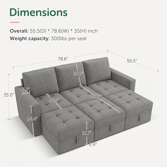 HONBAY Modular Sectional Couch Sleeper Sofa Bed with Storage Seats Oversized Sectional Couches for Living Room,Warm Grey