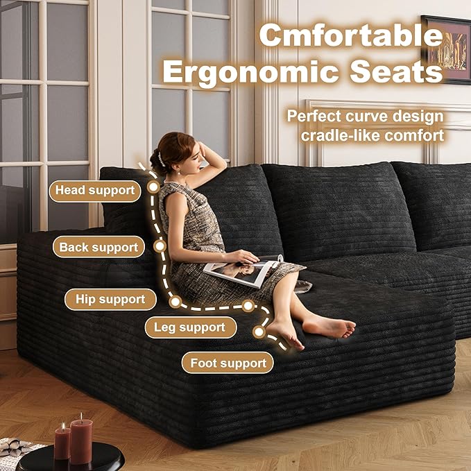 136" Sectional Couches for Living Room Cloud Couch Sofa with L-Shape Upholstered Boneless Couchs Modern Modular Sectional Couch with Chaise (Black, 136" Left Facing Chaise+3Seaters)