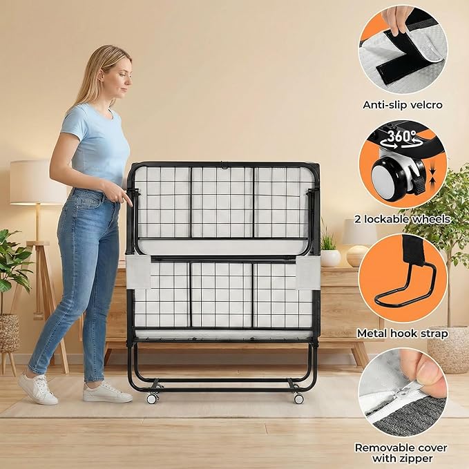 MAMIZO Foldable Bed,Portable Bed,Folding Bed with Mattress,75" x 31" Twin Size Rollaway Bed with Mattress for Adults,Metal Frame with Memory Foam Mattress,for Bedroom,Office,Camp,No Assembly Required