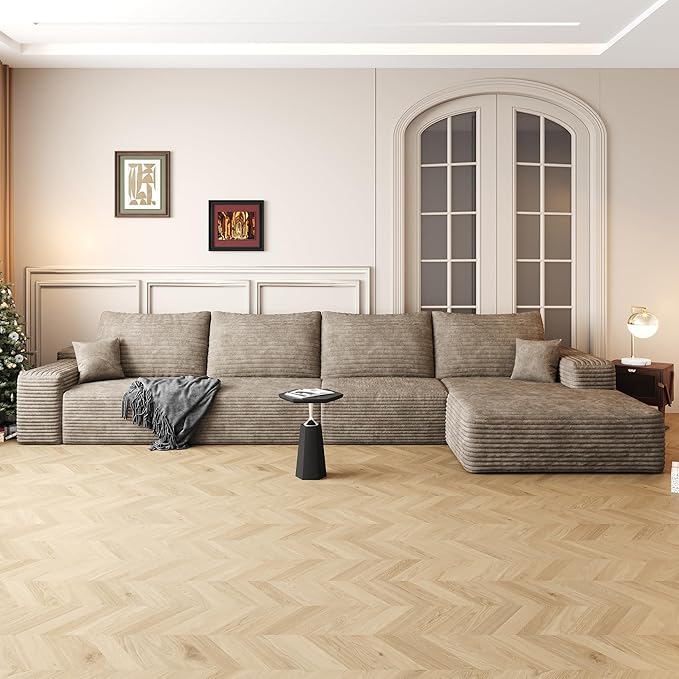 136" Sectional Couches for Living Room Cloud Couch Sofa with L-Shape Upholstered Boneless Couchs Modern Modular Sectional Couch with Chaise (Camel, 136" Right Facing Chaise+3Seaters)