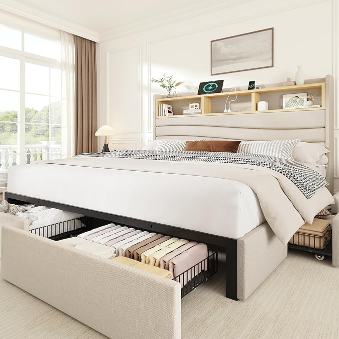 BRELTAM Queen Size Bed Frame with 6 Storage Drawers, Linen Upholstered Platform Bed with Charging Station,2-Tier Wave-Shaped Headboard Design,No Box Spring Needed,Easy Assembly,Beige
