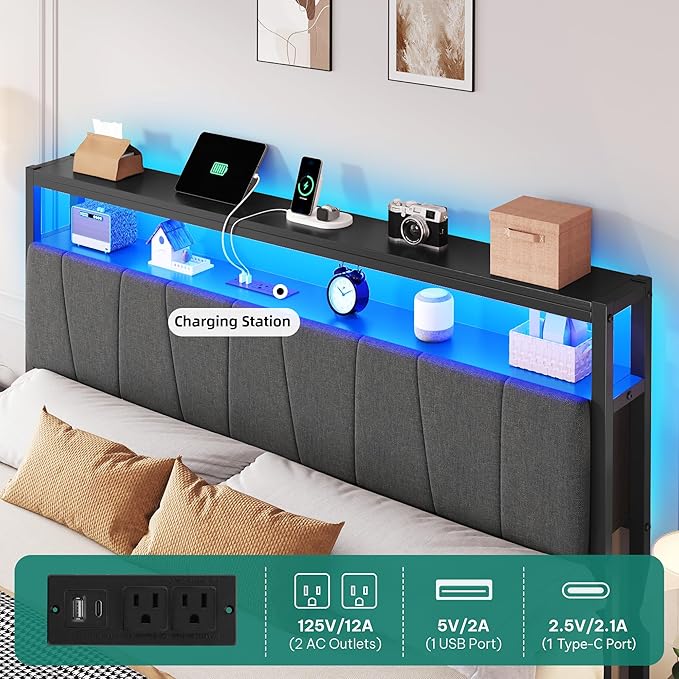 YITAHOME King Bed Frame with Storage Headboard, LED Upholstered Platform Bed with Charging Station, Metal Slats, No Box Spring Needed, Easy Assembly - Gray