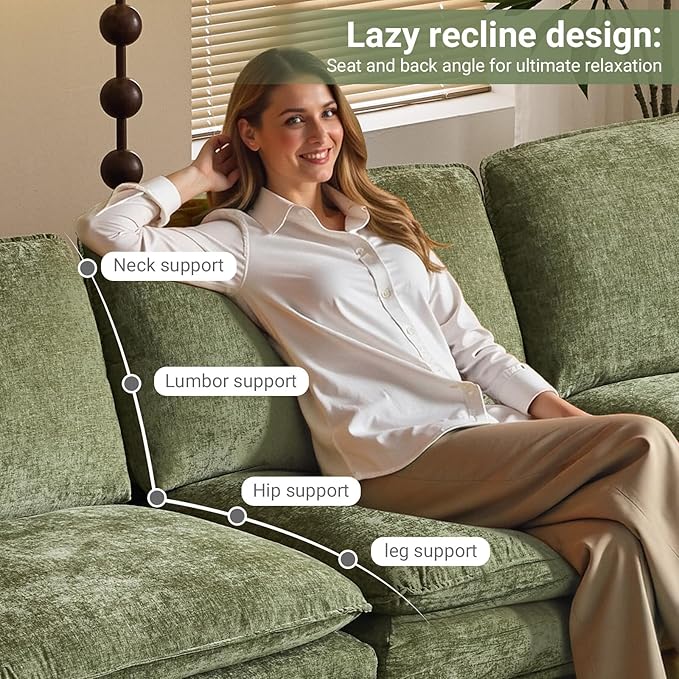 VINGLI 122" Cloud Double-Layer Deep Convertible Sectional Sofa, Comfy L-Shape 3-Seat Couches for Living Room, Modern Couch with Movable Ottoman for Small Space, Olive Green, Chenille