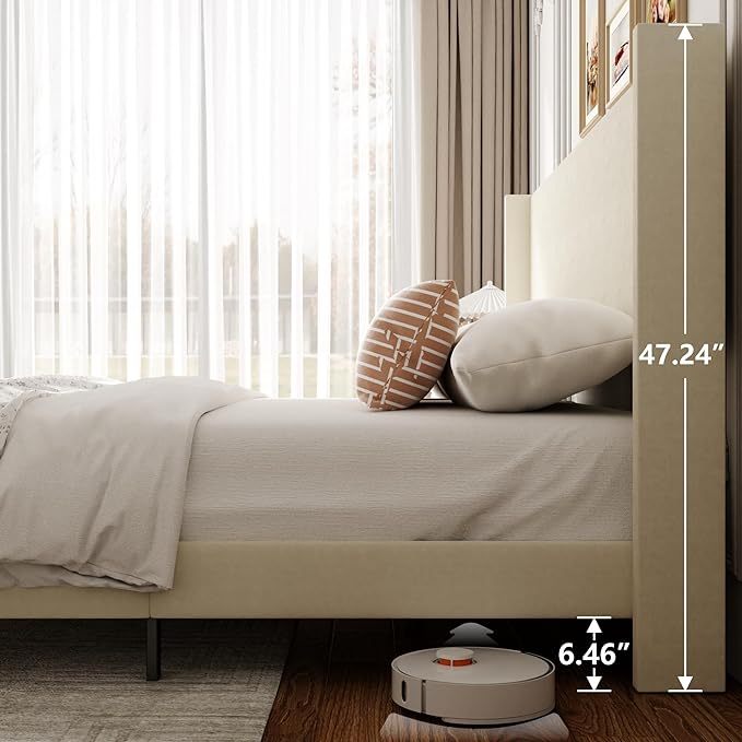 Sismplly King Bed Frame with Wingback Headboard, Velvet Upholstered Platform Bed with Wooden Slats, 6.46“ Under Bed Storage, Metal Support, Noise Free, No Box Spring Needed, Beige