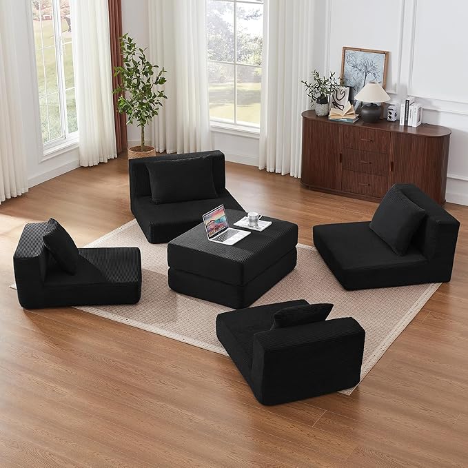 Modular Loveseat L Shaped Sofa,Boneless Cloud Couch with Ottoman (Black) | Freely Combination, No Assemble Required, Modular Design, Breathable Fabric, Convertible to Bed, Futon Bed
