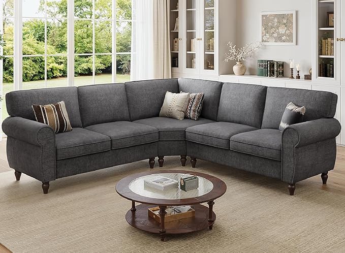 ONBRILL 101" L Shaped Couch, Sectional Corner Sofa with Rolled Arms, 5 Seater Chenille Fabric Couch w/Springs Seat Cushion, Wooden Legs, Comfy Oversized Sofa for Living Room, Apartment, Grey