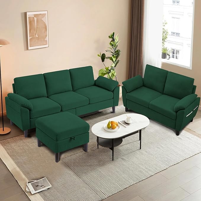 80" Convertible Sectional Sofa Set, Modern Linen Small L Shaped Couch with Reversible Chaise and Loveseat Sofa, 3-Seat Sofa Couches for Living Room, Office, Apartment, Green