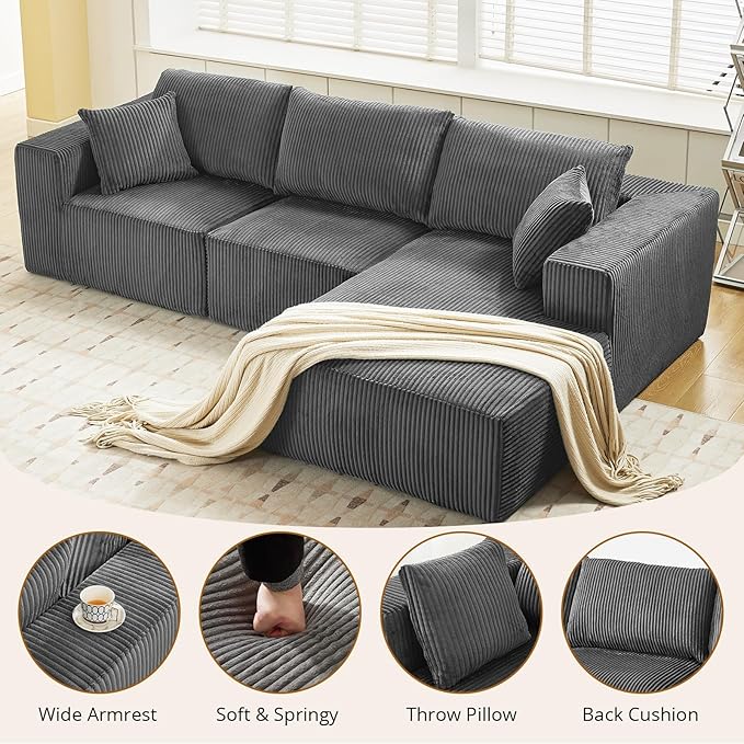 Sectional Cloud Boneless Couch 108" Modern Comfy L-Shape No Assembly Required Convertible Compression Sleeper Modular Sofa with Corduroy Fabric Deep Seat Loveseat + Chaise for Living Room