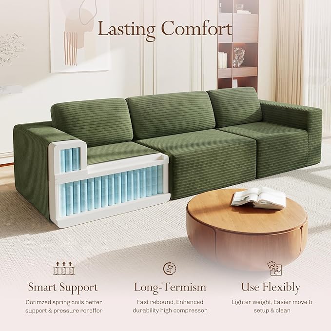 Vesgantti 119" Modular Sectional Sofa, Corduroy Cloud Couch with Deep Seating & Spring Support, 3 Seater Flexible Layout Sofa, Boneless Couch for Living Room & Apartment, No Assembly Required, Green