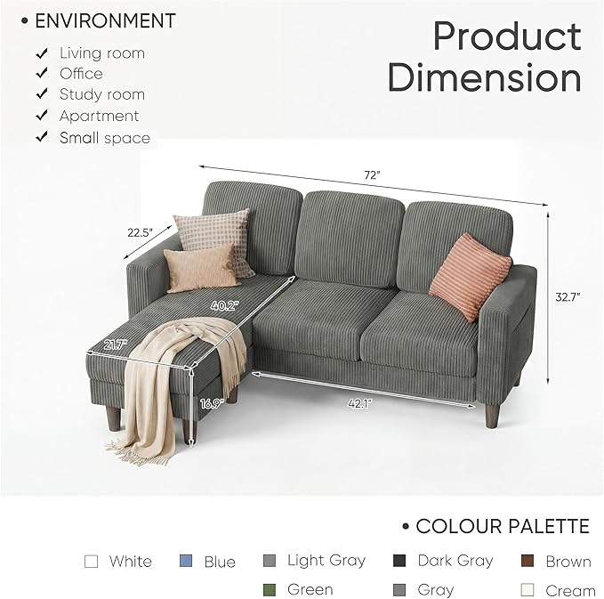 YESHOMY L-Shaped Sofa Couch, Small Couch with Reversible Chaise and Ottoman, Convertible Sectional Comfy 3 Seat Sofas with Side Pockets for Apartment and Living Room (Gray)