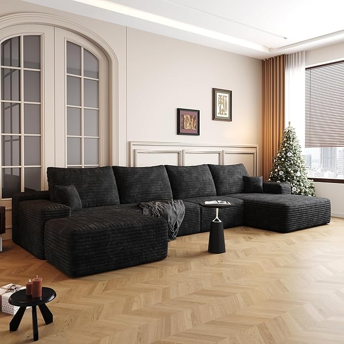 136" Sectional Couches for Living Room Cloud Couch Sofa with L-Shape Upholstered Boneless Couchs Modern Modular Sectional Couch with Chaise (Black, 136" Right Facing Chaise+3Seaters+Ottoman)