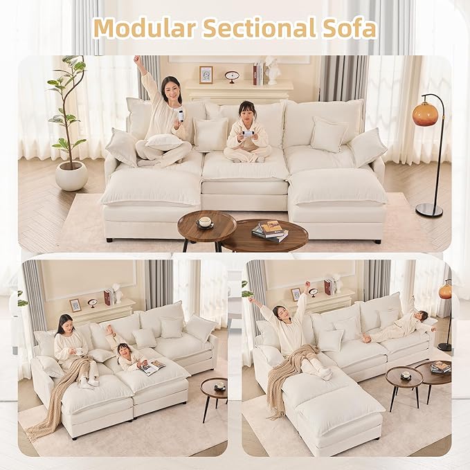 108" U Shaped Couch, Modular Sectional Sofa, 3-Seater Comfy Cloud Couch, Set of Modular Pieces with Movable Ottoman, Deep Seat Couches for Living Room, Chenille, Ivory