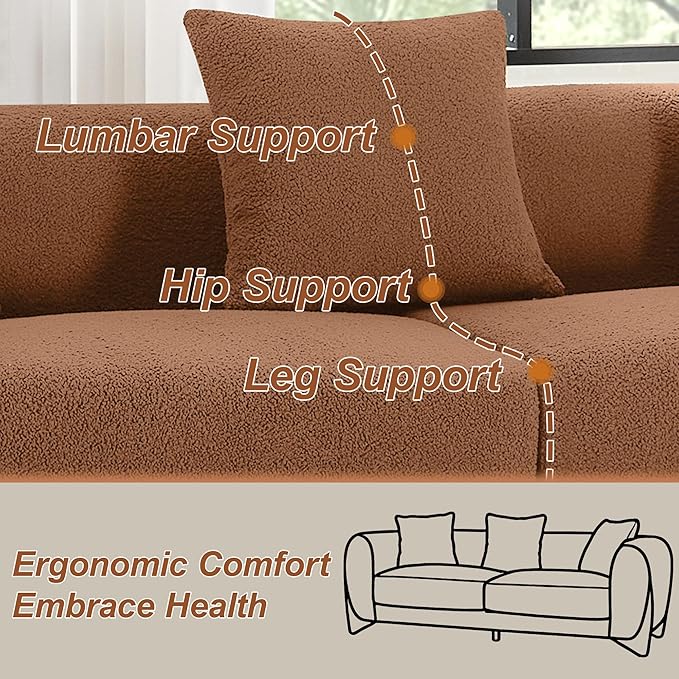 87" Sherpa Boucle Cloud Couch Modern 3 Seater Sofa with Solid Wood Legs, 25" Extra Deep Seat, Comfy Thick Cushion Upholstered Sofa Couches with 3 Pillows for Living Room, Caramel