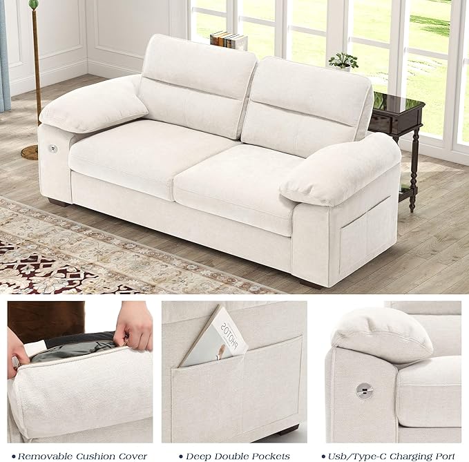 WorthFurni Sofas for Living Room, Chenille Pillow-Armrest Loveseat Couch Set, Small Sofa, 3 Seater Sofa, USB Charging, Removable Sofa Cover, Solid Wood Frame, Easy to Install (71.5 inch, Beige)