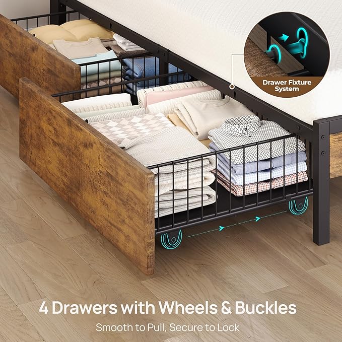 Rolanstar Full Size Bed Frame with 4 Drawers, LED Lights and Charging Station, Metal Platform Bed with Storage Headboard, Noise Free, Easy Assembly, No Box Spring Needed, Rustic Brown