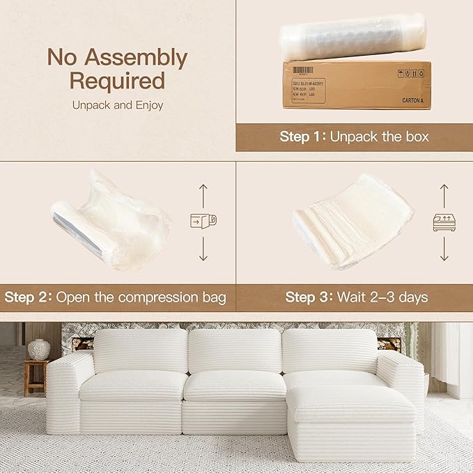Belffin Boneless Cloud Modular Sectional Sofa 3-Seater L Shaped Couch with Ottoman Convertible Sofa Bed Plush Corduroy Cloud Sectional Couches for Living Room. Beige Sofa