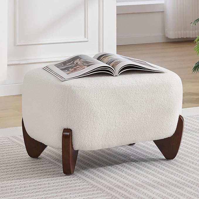 28.7" Sherpa Boucle Ottoman with Solid Wood Legs, Modern Upholstered Footstool, Comfy Ottoman for Living Room, Bedroom, White