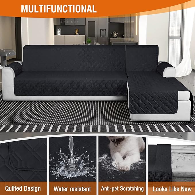 VANSOFY Sectional Couch Covers 100% Waterproof L Shaped Sofa Slipcover 3pcs Reversible Chaise Lounge Cover for Sectional Sofa Furniture Protector Cover for Pets Cat Dog(X-Large, Blcak)
